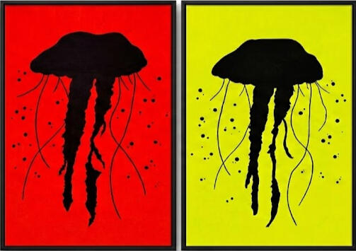 "Dualidad en movimiento" Set 2 lienzos 3D 40x60 cm. Cuadro marino medusas. Artista Isaac Mayor Art pintura acrílica contemporánea en Palma de Mallorca.